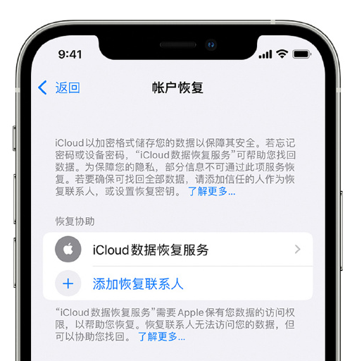 宁河苹果手机维修分享在 iPhone 上设置帐户恢复联系人的方法 