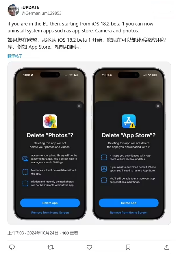 宁河苹果手机维修分享iOS 18.2 支持删除 App Store 应用商店 