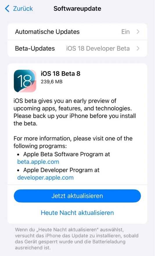 宁河苹果手机维修分享苹果 iOS / iPadOS 18 开发者预览版 Beta 8 发布 